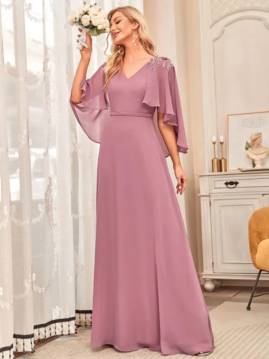 Elegant V Neck Flowy Chiffon Bridesmaid Dresses with Wraps