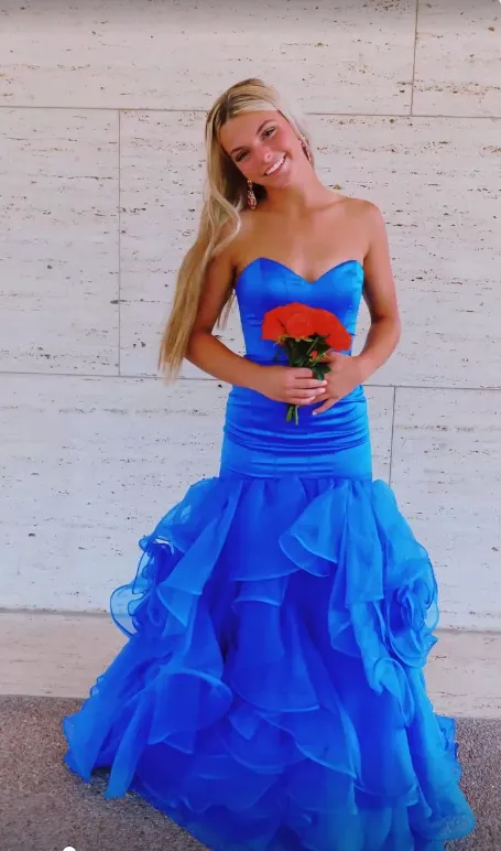 Fashion Strapless Blue Mermaid Layered Tulle Long Prom Dress SH767