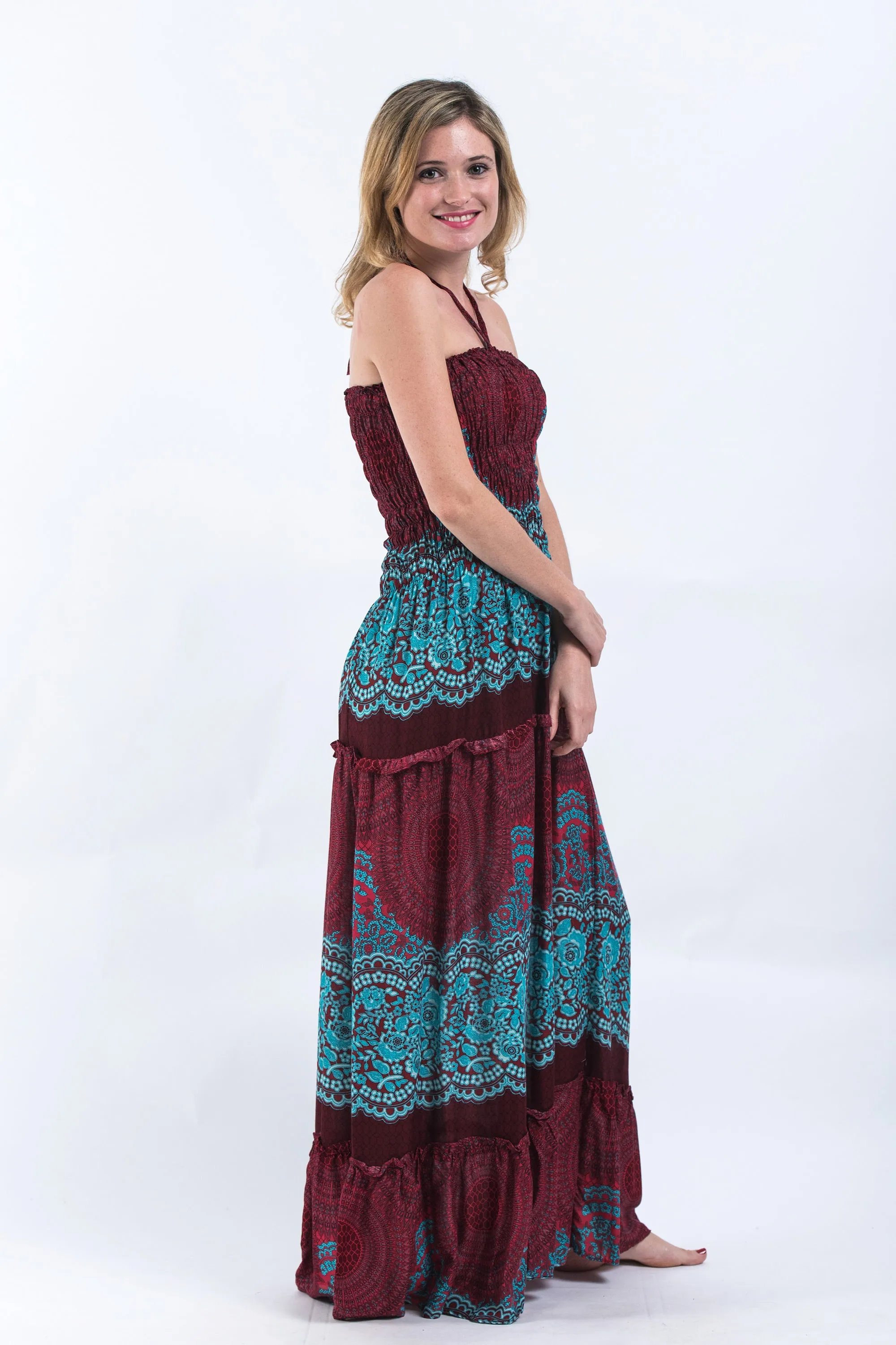 Geometric Mandalas Smocked Bandeau Maxi Dress in Red