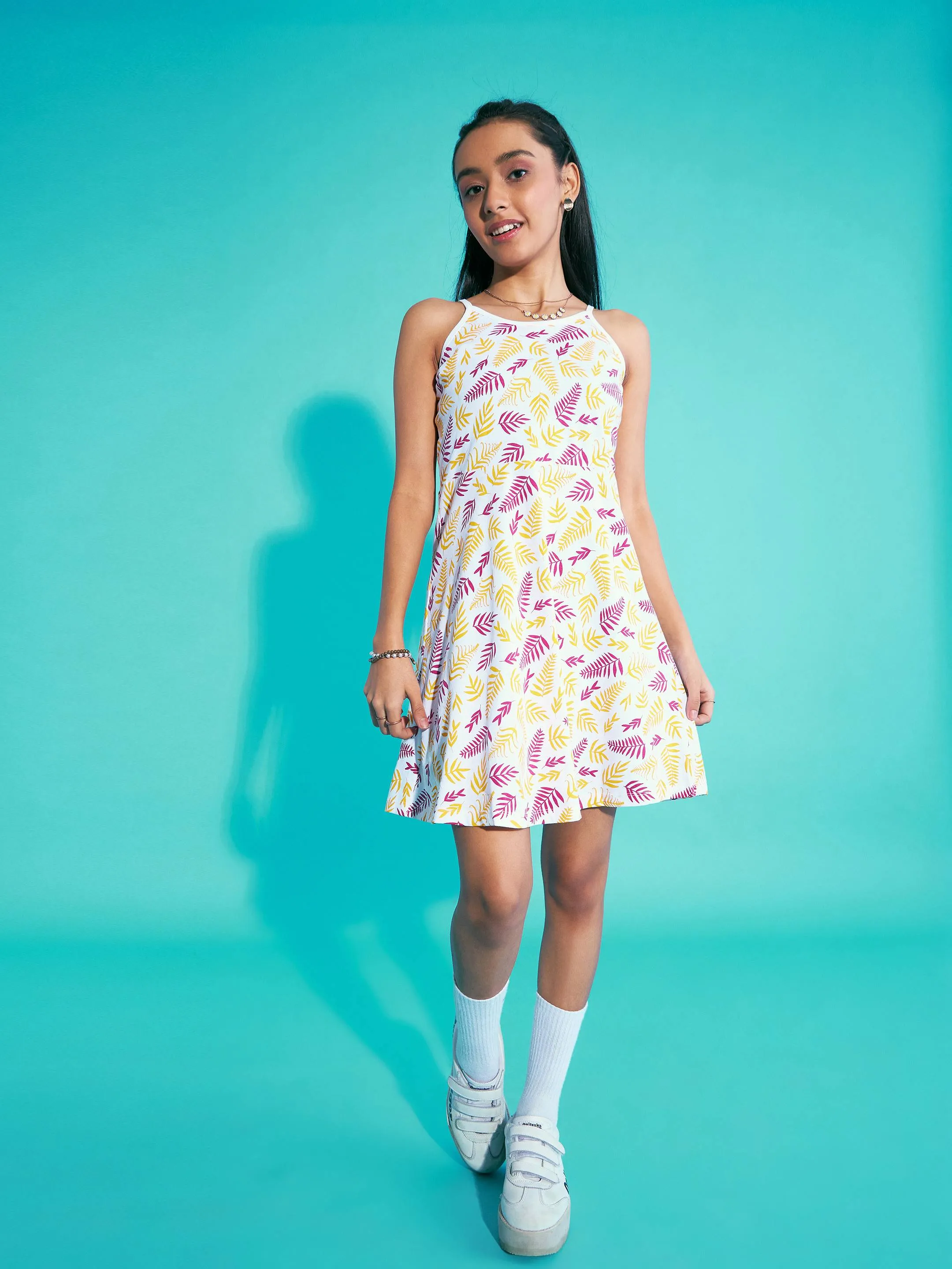 Girls White Leaf Print Strappy Dress