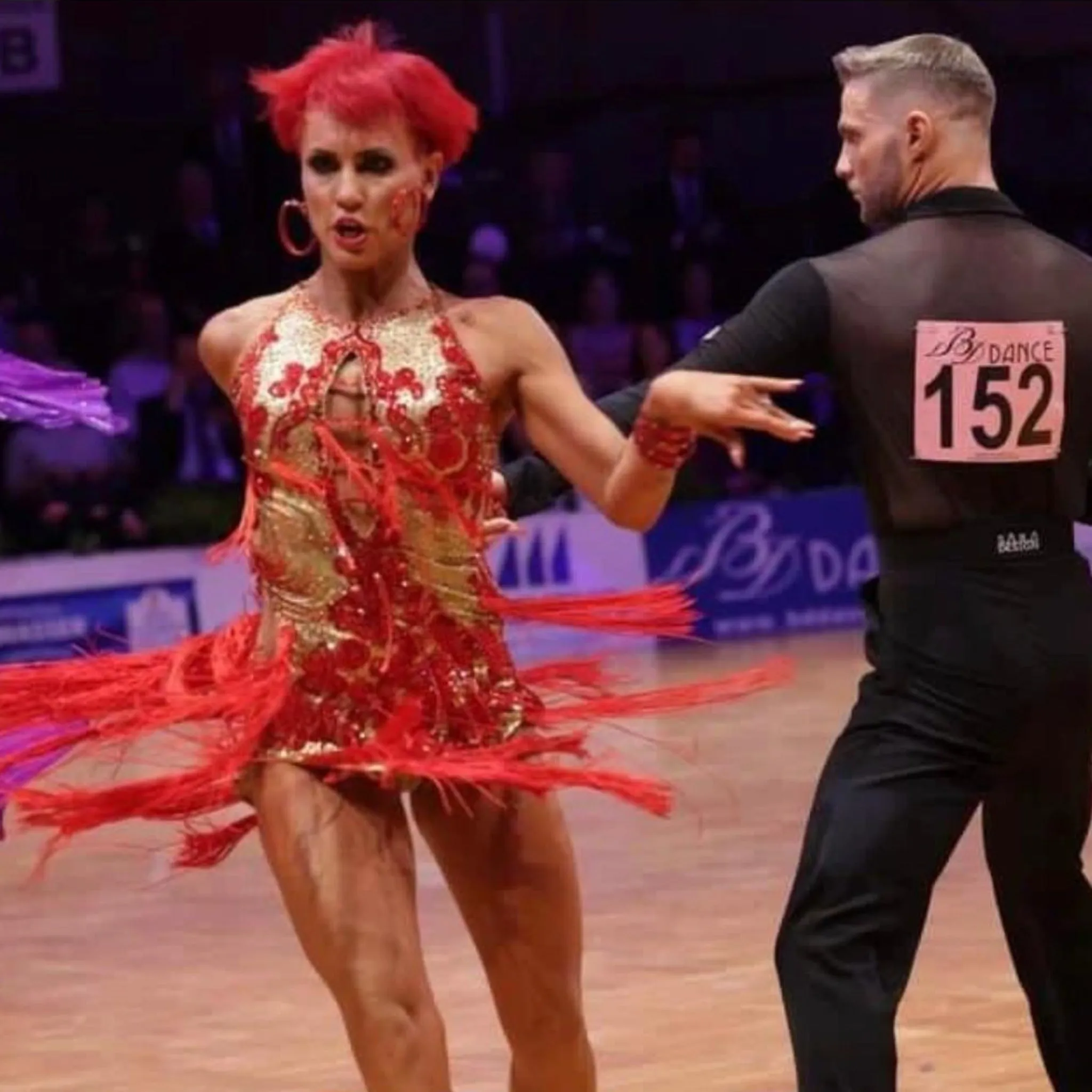 Gold and Vibrant Red Fringe Latin Dance Dress