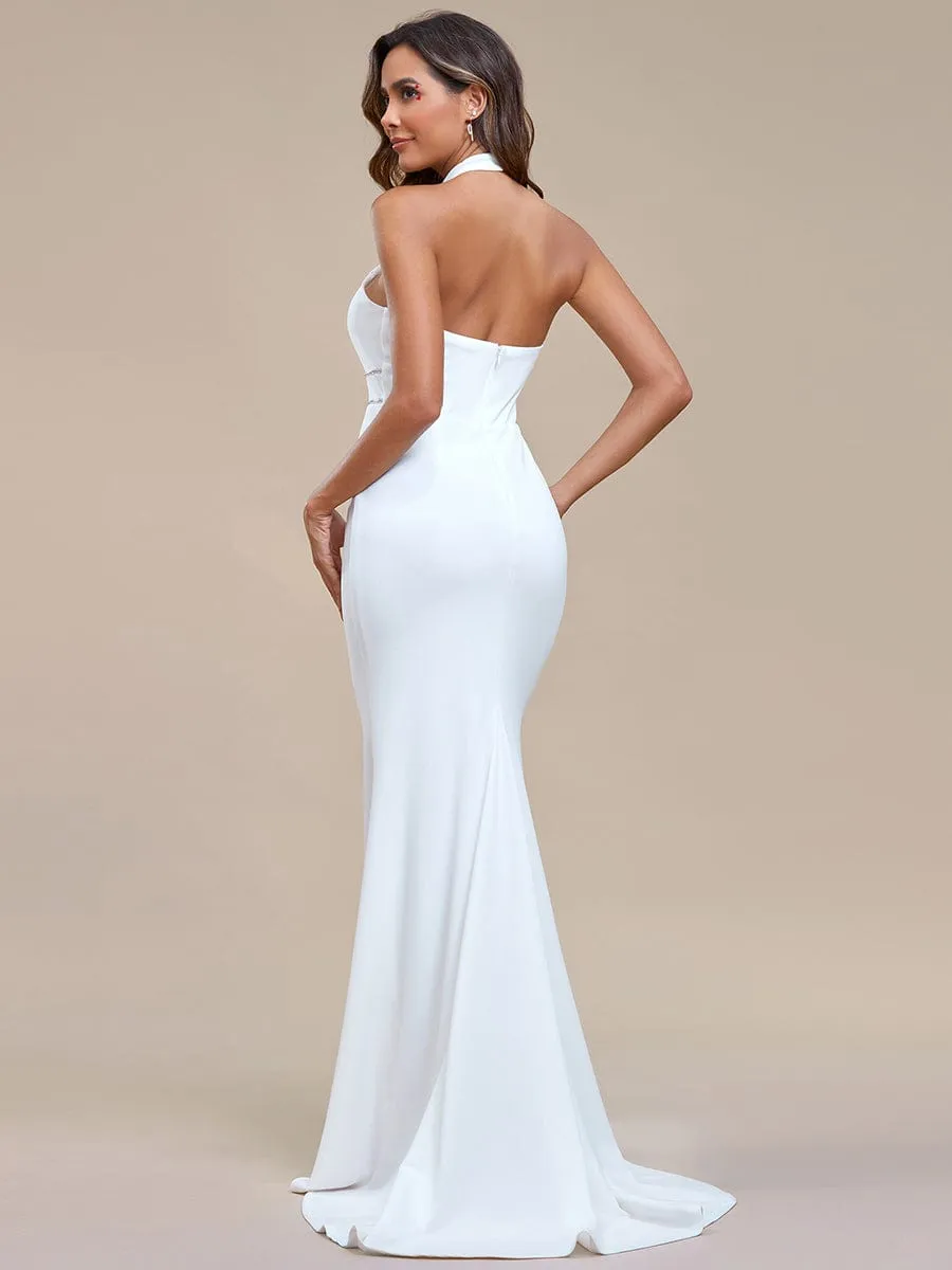 Halter Hollow Out Sleeveless Waist Detail Mermaid Wedding Dress