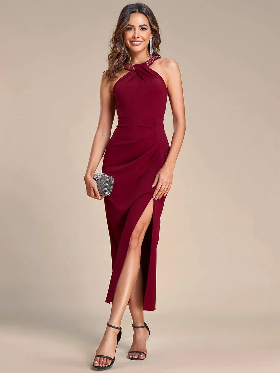 Halter Neck Pleated Sequin Sleeveless Evening Dress