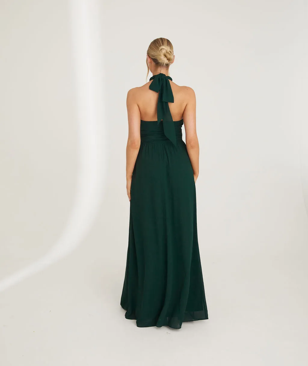 Halter Neck Pleated Waist Chiffon Bridesmaid Dress - Emerald