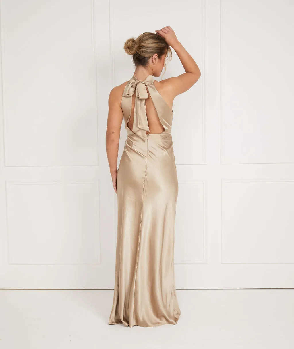 Halter Neck Satin Bridesmaid Dress - Champagne