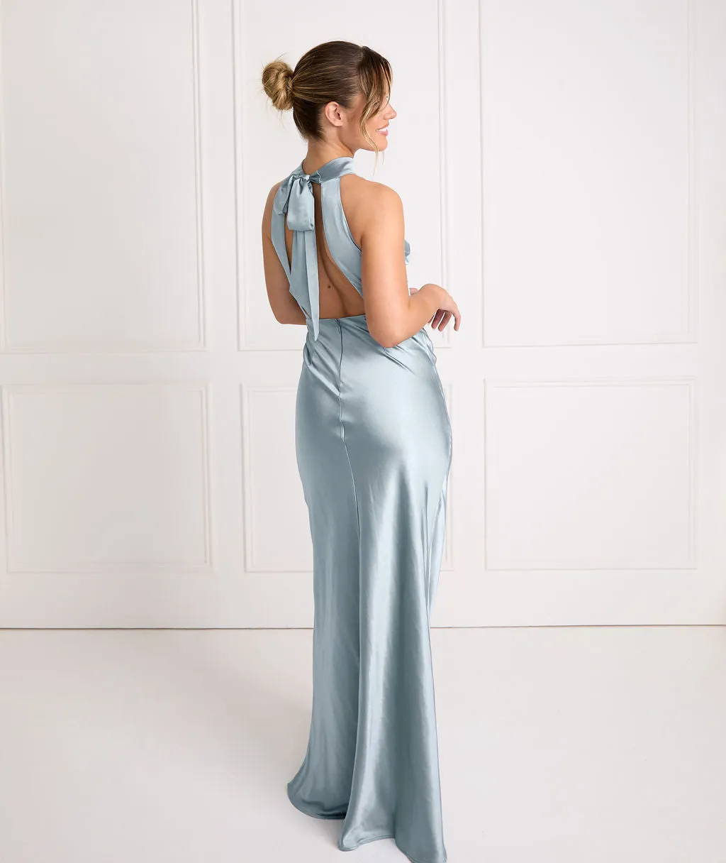 Halter Neck Satin Bridesmaid Dress - Dusty Blue