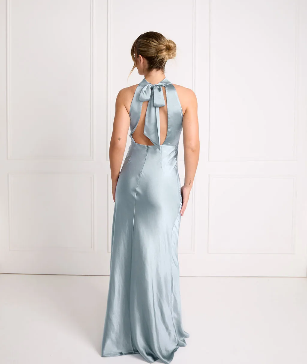 Halter Neck Satin Bridesmaid Dress - Dusty Blue