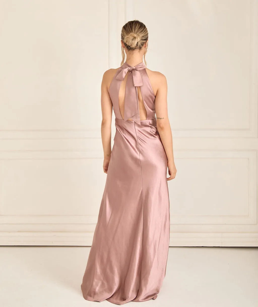 Halter Neck Satin Bridesmaid Dress - Rose