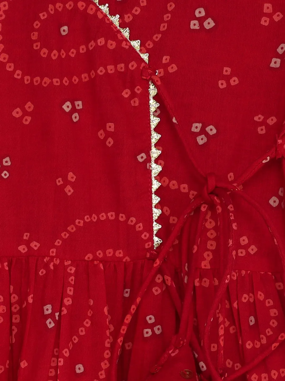 Ishin Girls Red Embroidered Bandhani Angrakha Dress