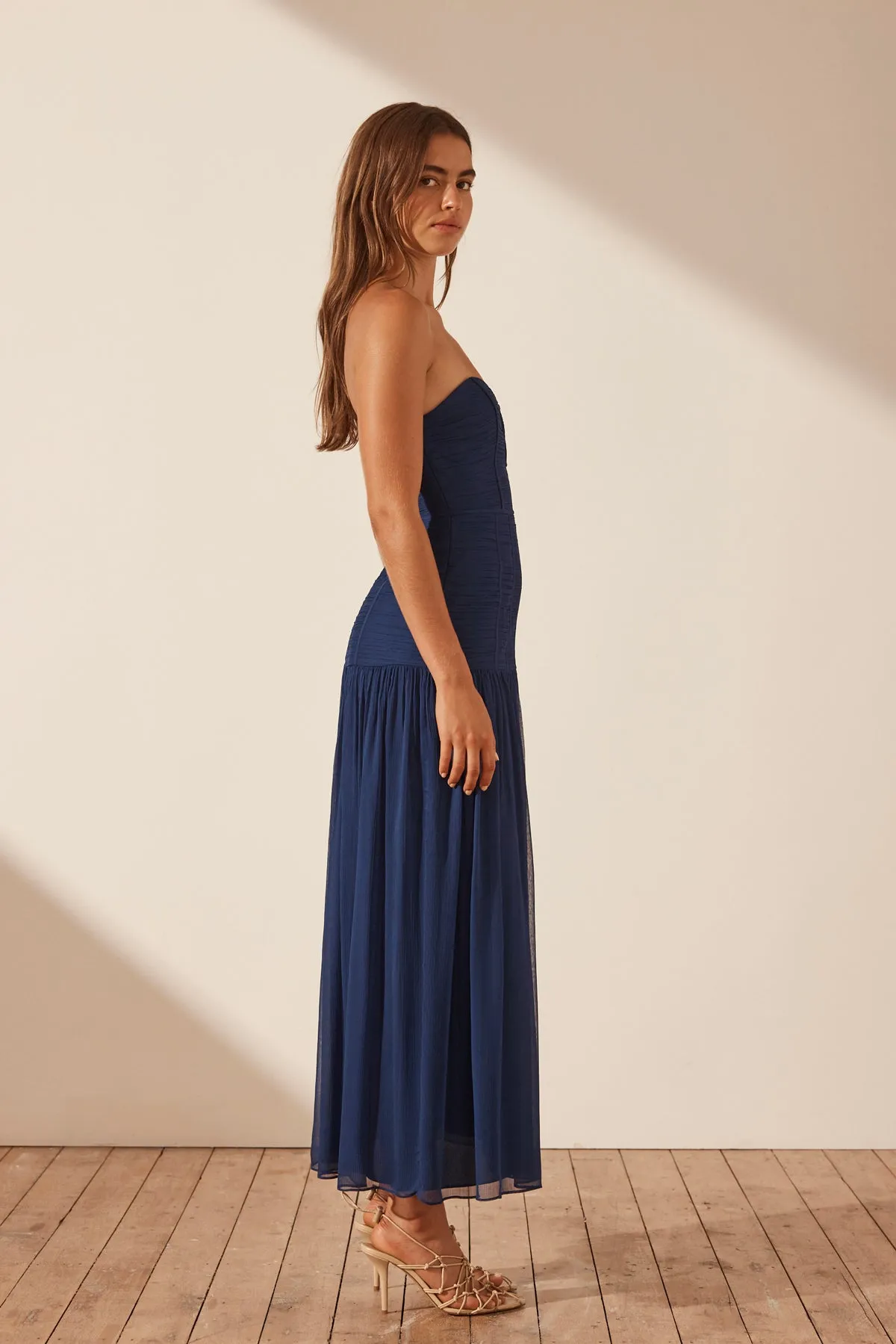 ISOLA STRAPLESS RUCHED MIDI DRESS - TYRRHENIAN BLUE