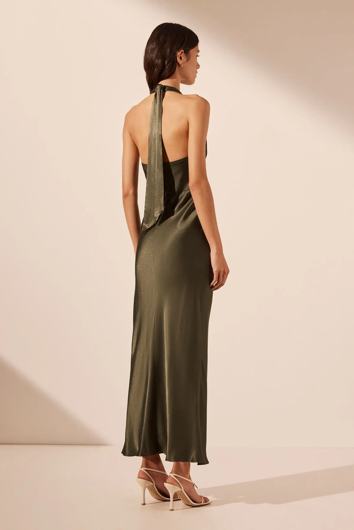 Forest Green Plunging Halter Neck Midi Dress