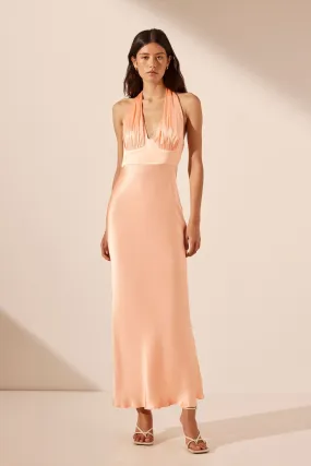 LA LUNE PLUNGED HALTER MIDI DRESS - PEACH