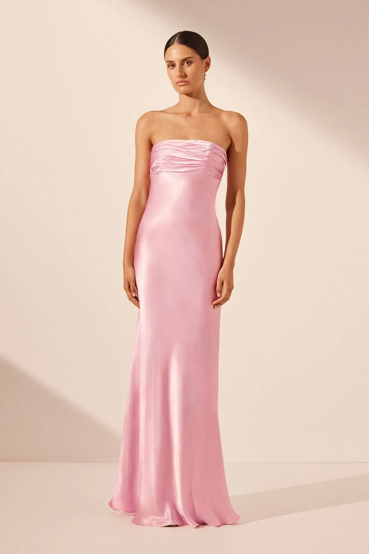 Peony Strapless Ruched Maxi Dress with Elegant Bodice