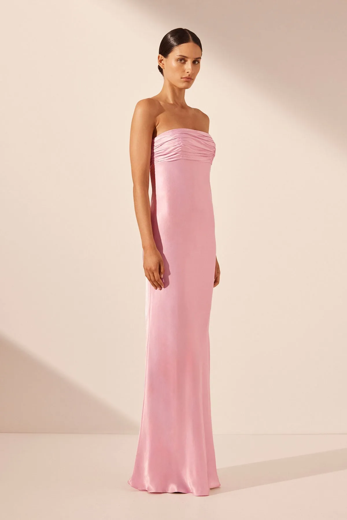 Peony Strapless Ruched Maxi Dress with Elegant Bodice