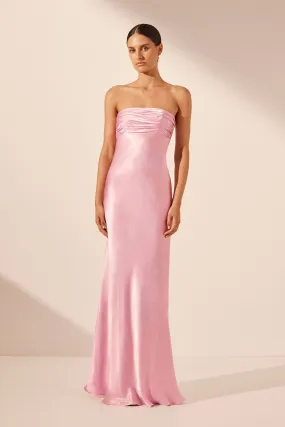 Peony Strapless Ruched Maxi Dress with Elegant Bodice