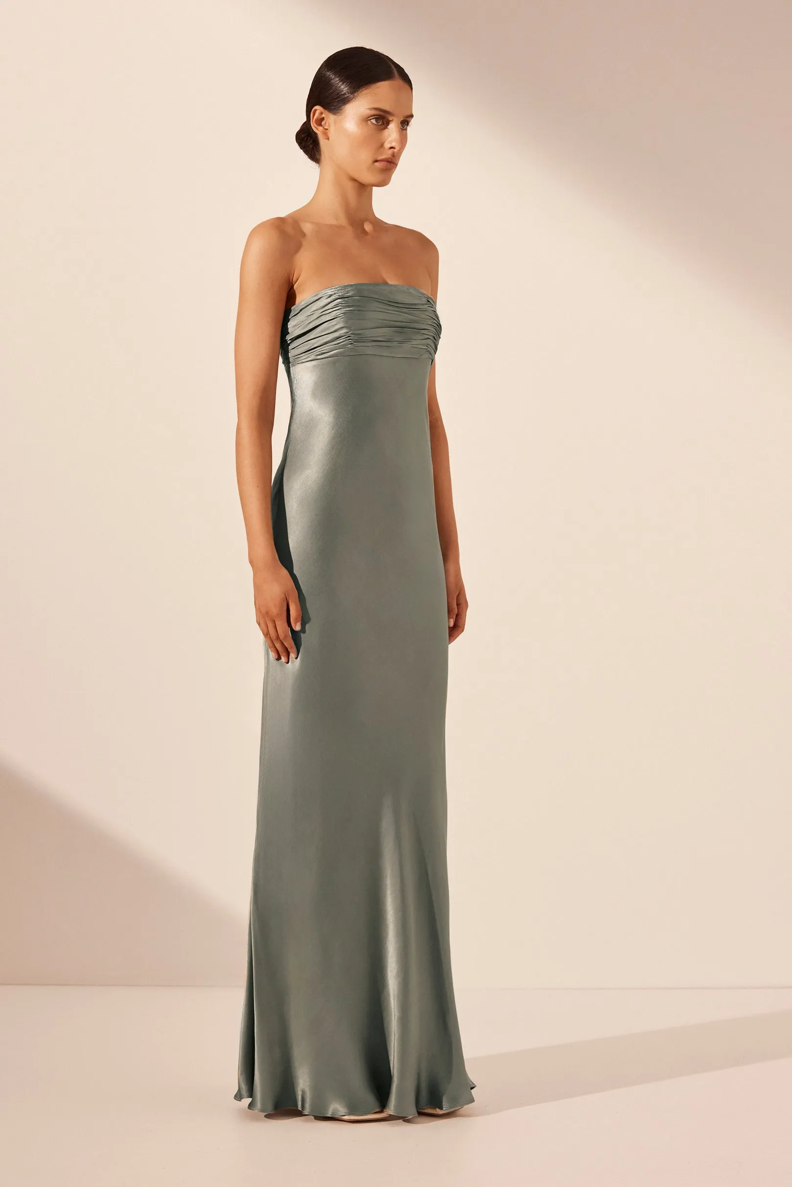 LA LUNE STRAPLESS RUCHED BODICE MAXI DRESS - SAGE