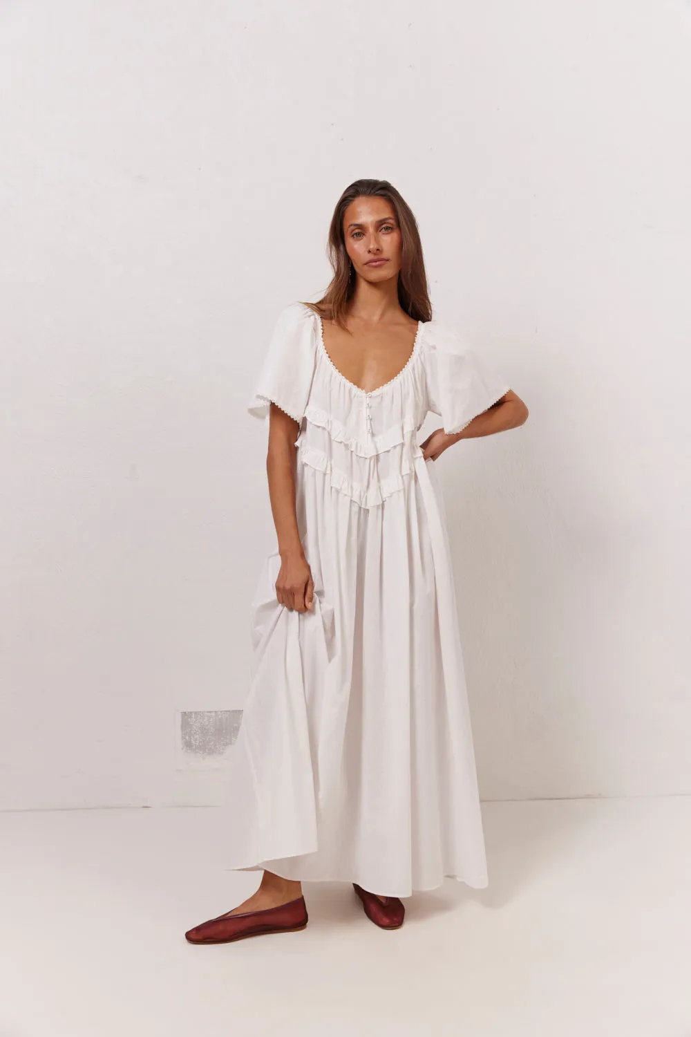 White La Prairie Midi Smock Dress - Elegant Casual Wear