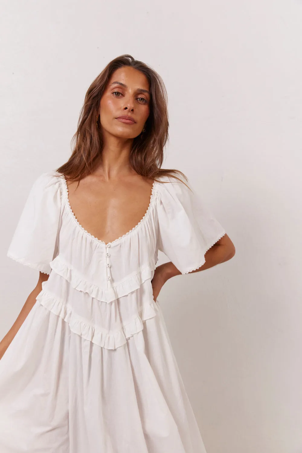 White La Prairie Midi Smock Dress - Elegant Casual Wear