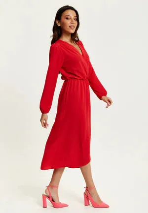 Stylish Red Faux Wrap Midi Dress with Liquorice Detail