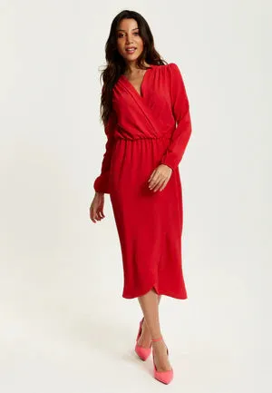 Stylish Red Faux Wrap Midi Dress with Liquorice Detail