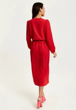 Stylish Red Faux Wrap Midi Dress with Liquorice Detail