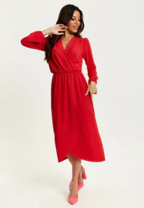 Stylish Red Faux Wrap Midi Dress with Liquorice Detail