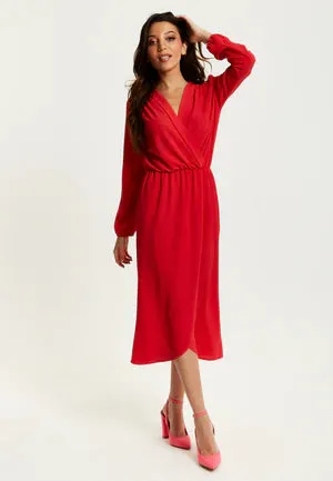 Stylish Red Faux Wrap Midi Dress with Liquorice Detail