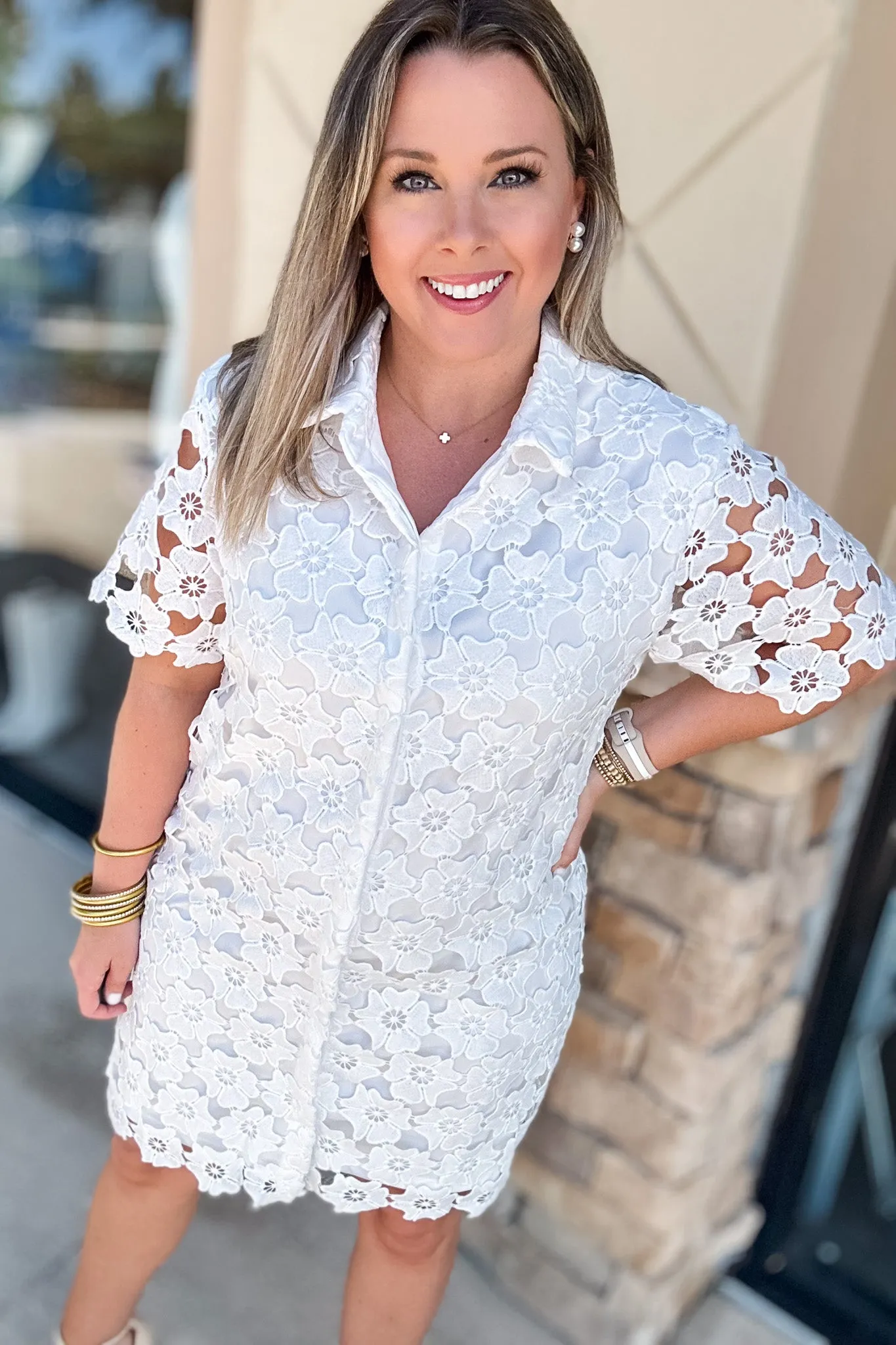 Lovely Lace Button Front Dress - White