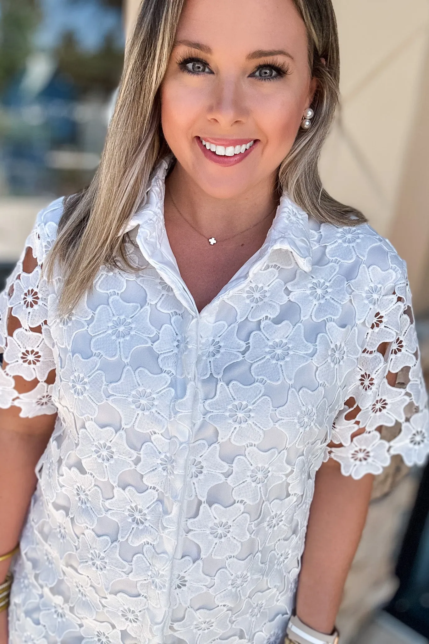 Lovely Lace Button Front Dress - White