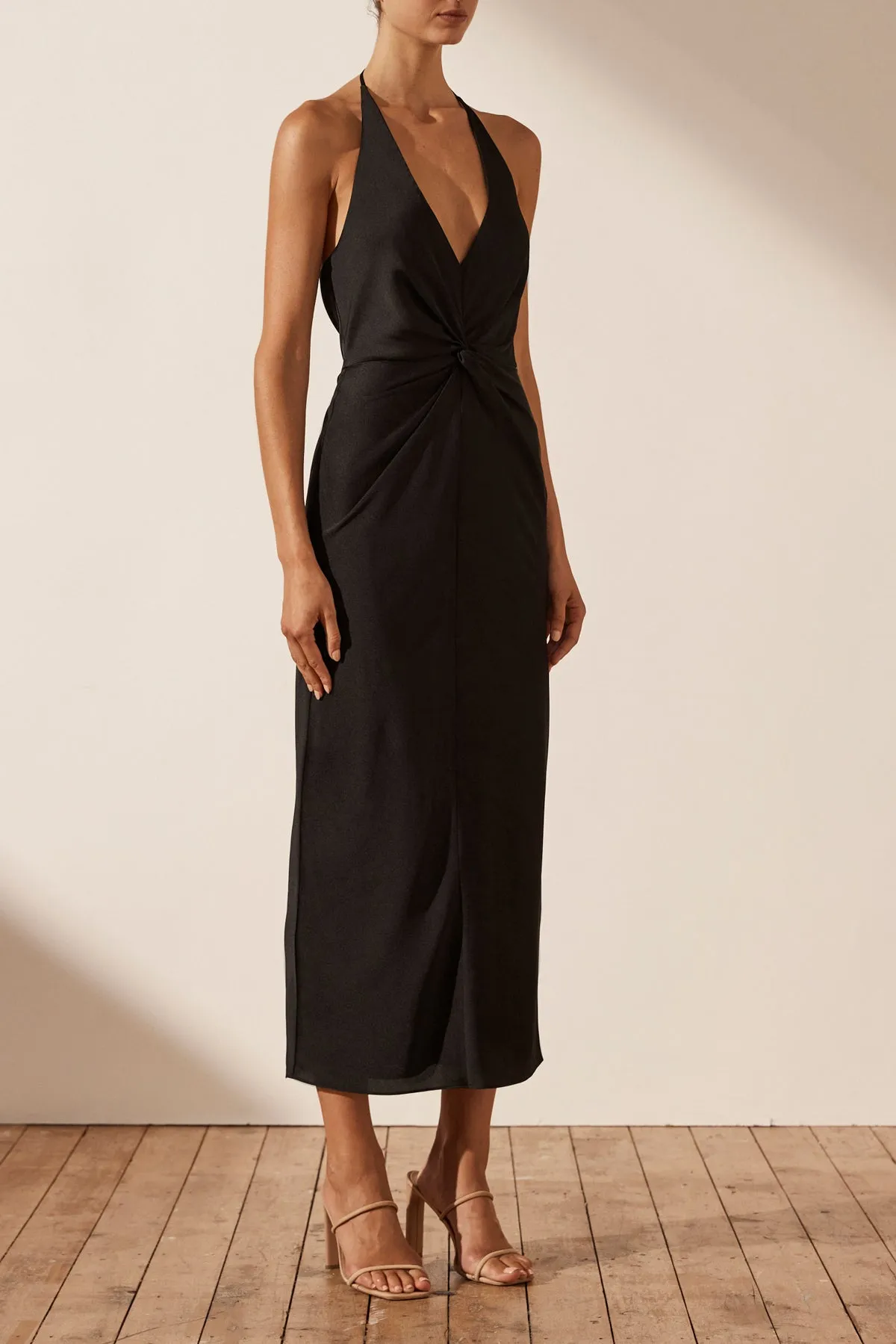 LUXE TWIST FRONT HALTER MIDI DRESS - ONYX