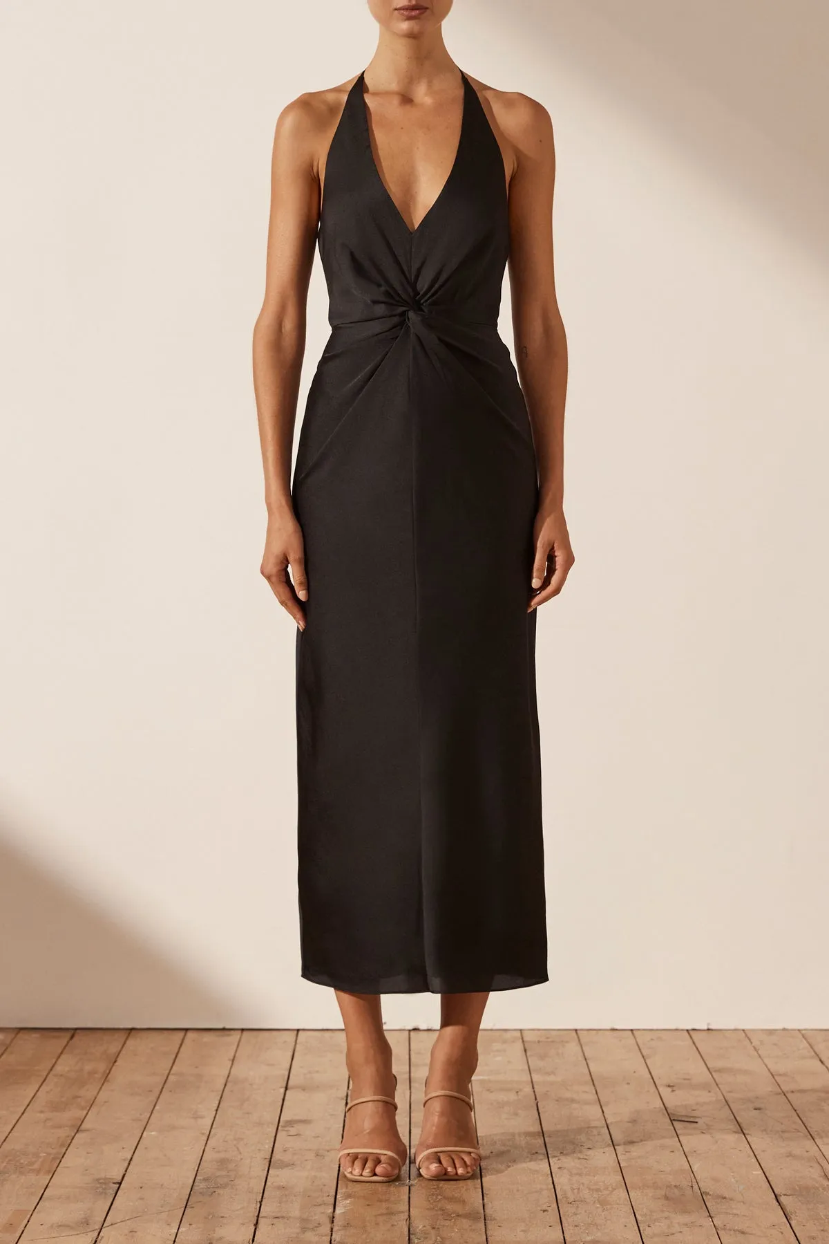 LUXE TWIST FRONT HALTER MIDI DRESS - ONYX