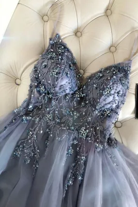 luxury grey beading prom dresses, sexy spaghetti straps prom gowns, fashion prom dresses S410