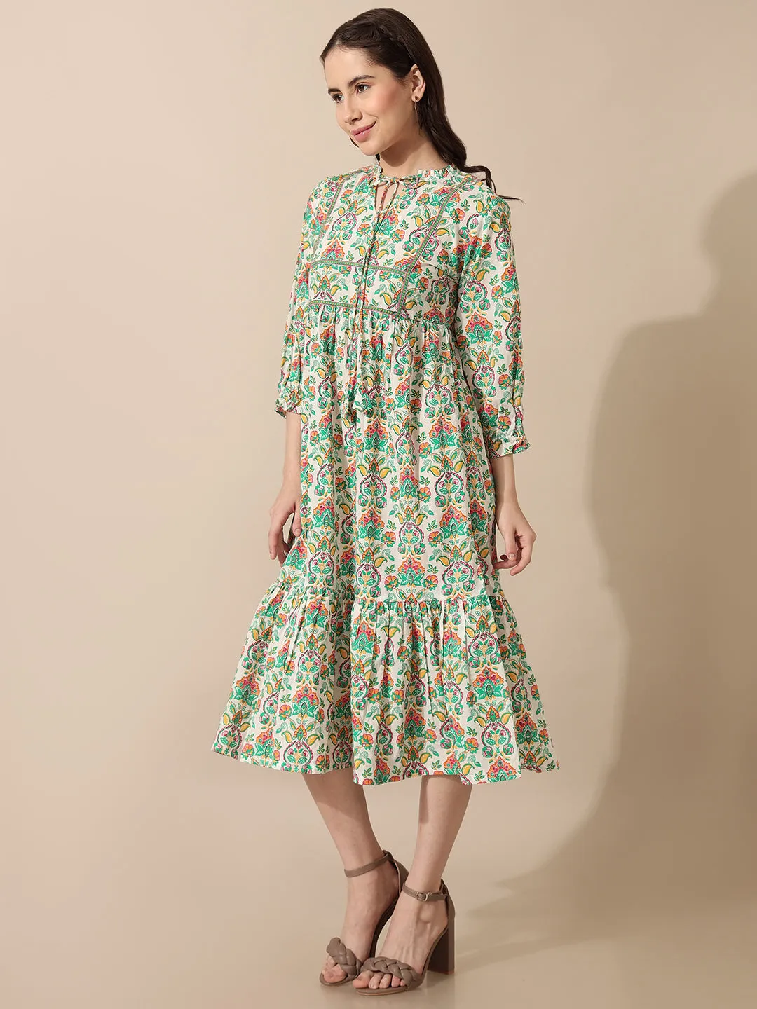 Mahiri Off-White Printed Yoke Dress