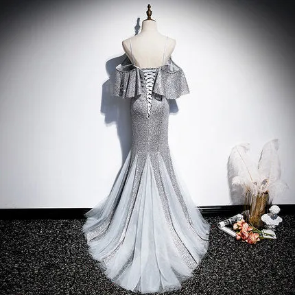 Mermaid Short Sleeves Silver Sequin Prom Dresses SH059