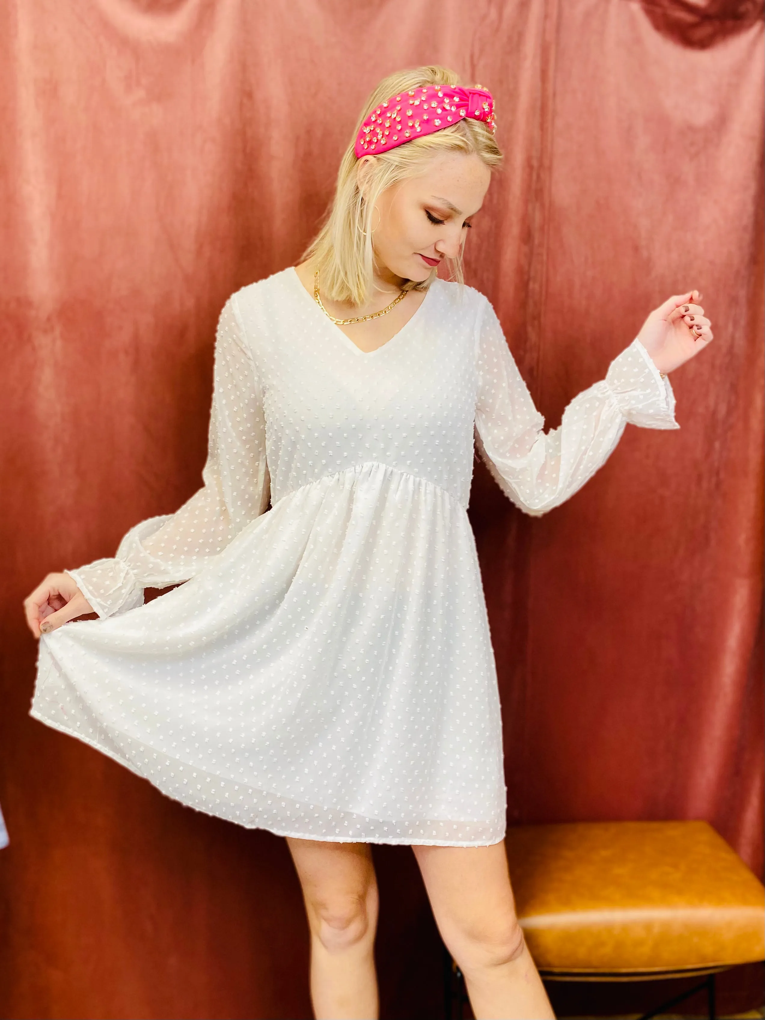 Midnights Long Sleeve Dot Dress - White