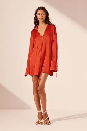 MILENNA SILK SHIRT TIE MINI DRESS - CHILLI RED