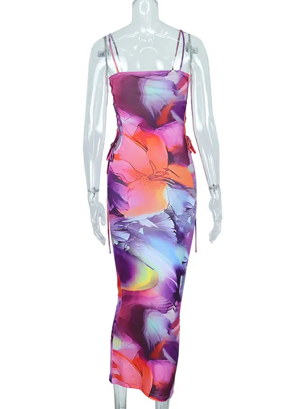 Momnfancy Purple Colorful Bodycon Tie Dye Cutout Lace Up Chic Party Maternity Maxi Dress