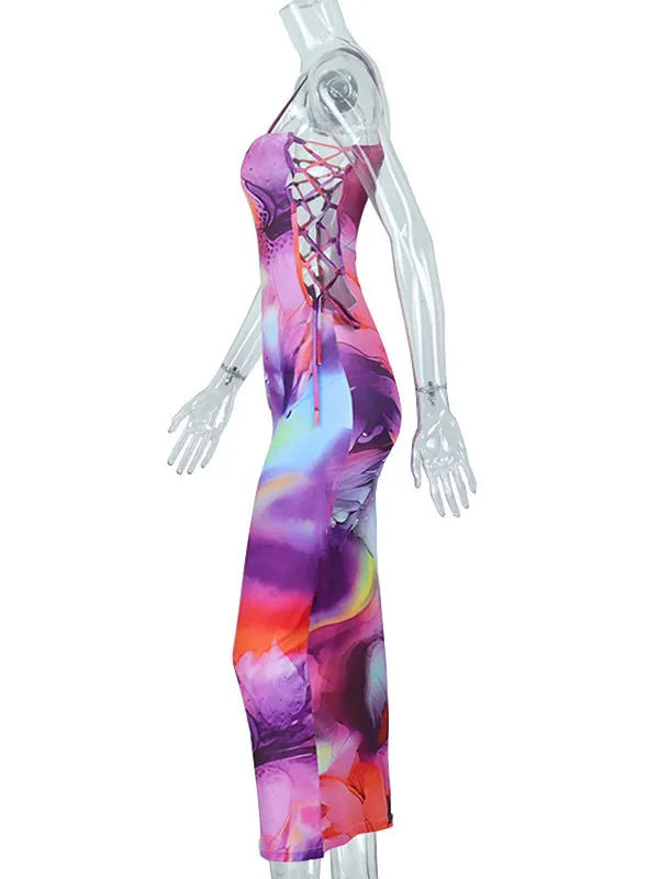 Momnfancy Purple Colorful Bodycon Tie Dye Cutout Lace Up Chic Party Maternity Maxi Dress