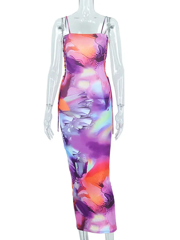 Momnfancy Purple Colorful Bodycon Tie Dye Cutout Lace Up Chic Party Maternity Maxi Dress