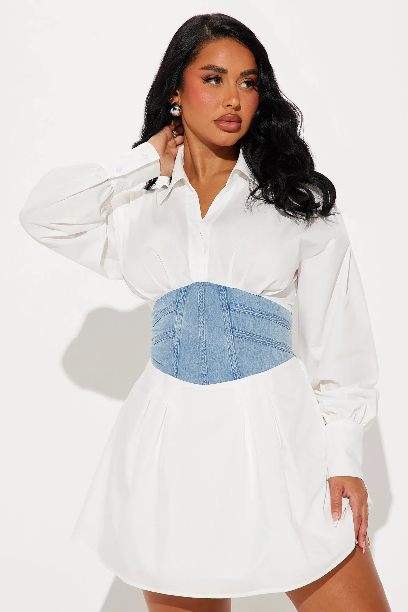 Novalee Shirt Mini Dress - White/Blue