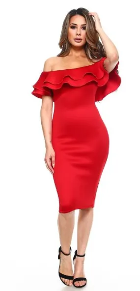 Strapless Red Midi Dress with Ruffle Detail