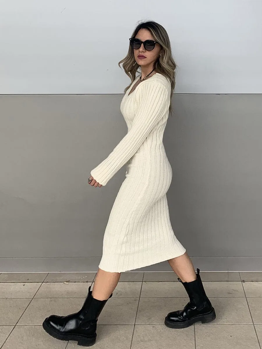 Ribbed Long Sleeve V-Neck Bodycon Knit Sweater Dress