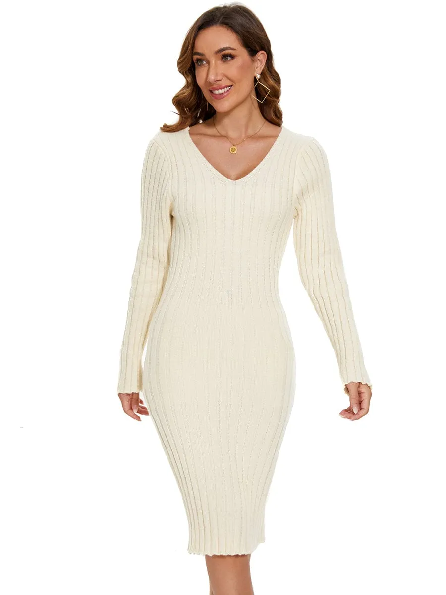 Ribbed Long Sleeve V-Neck Bodycon Knit Sweater Dress