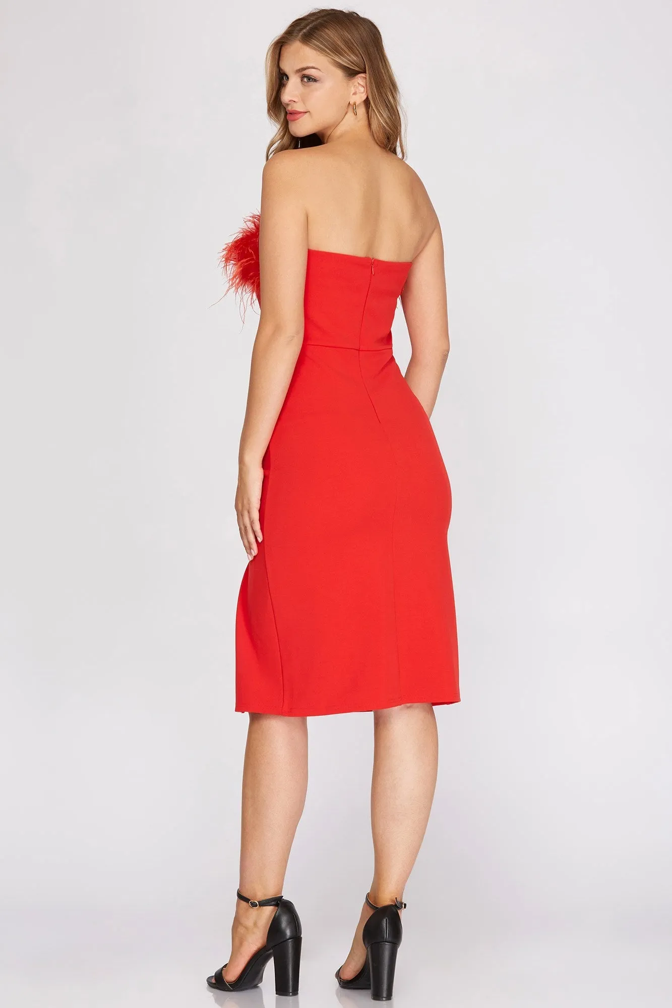 Selena long feather dress, red