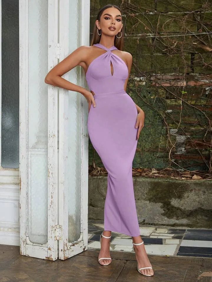 Solid twist cut out halter neck bodycon dress in lilac