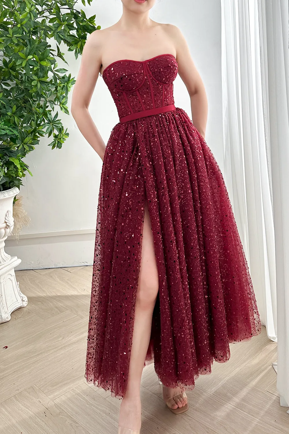 Strapless Corset Sweetheart Sequin Burgundy Dress with Slit