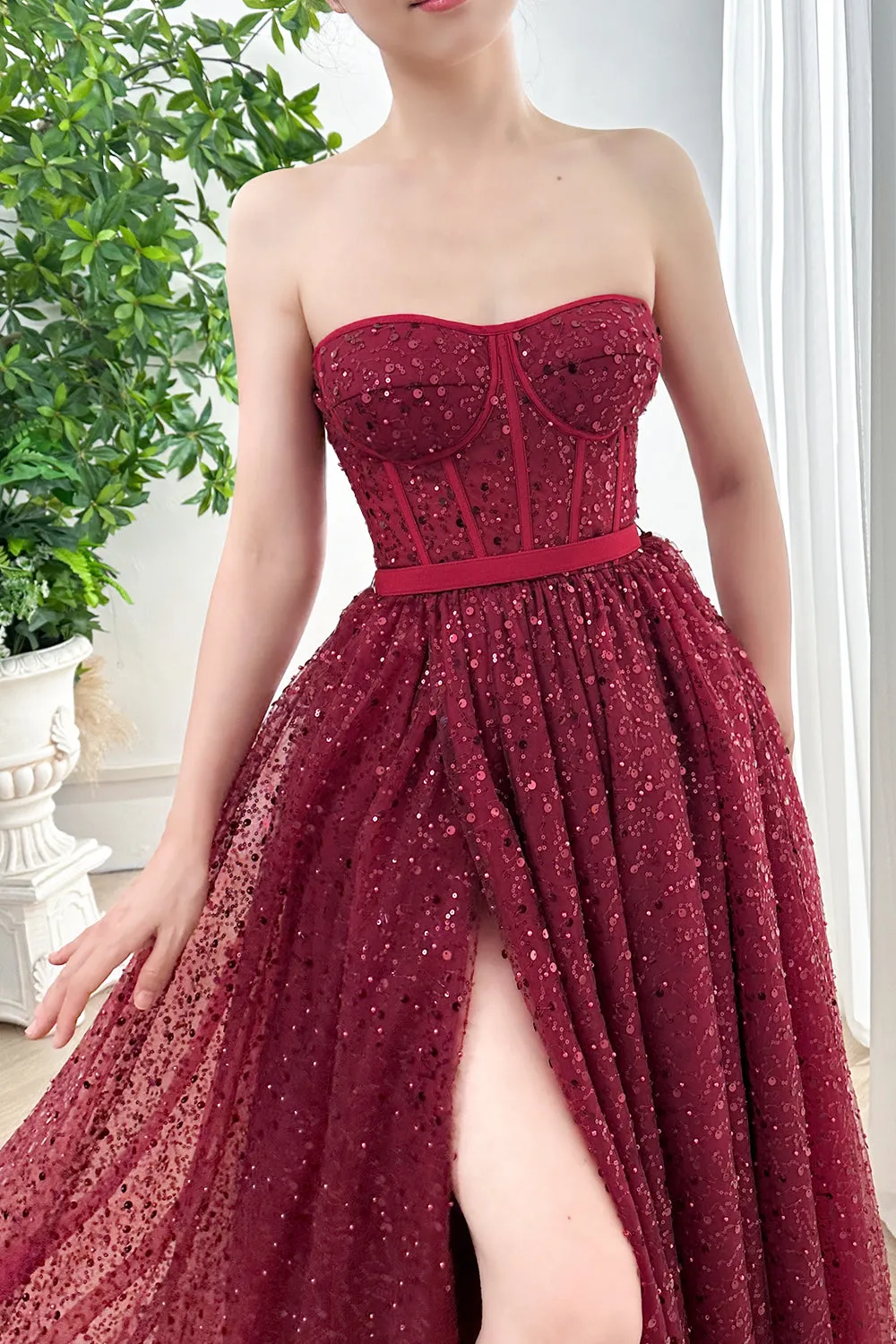 Strapless Corset Sweetheart Sequin Burgundy Dress with Slit