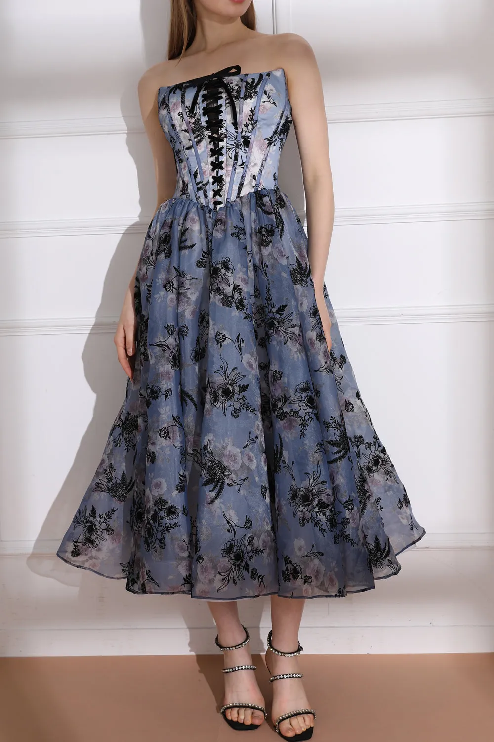 Floral Print Strapless Lace-Up Midi Dress with Corset Detail