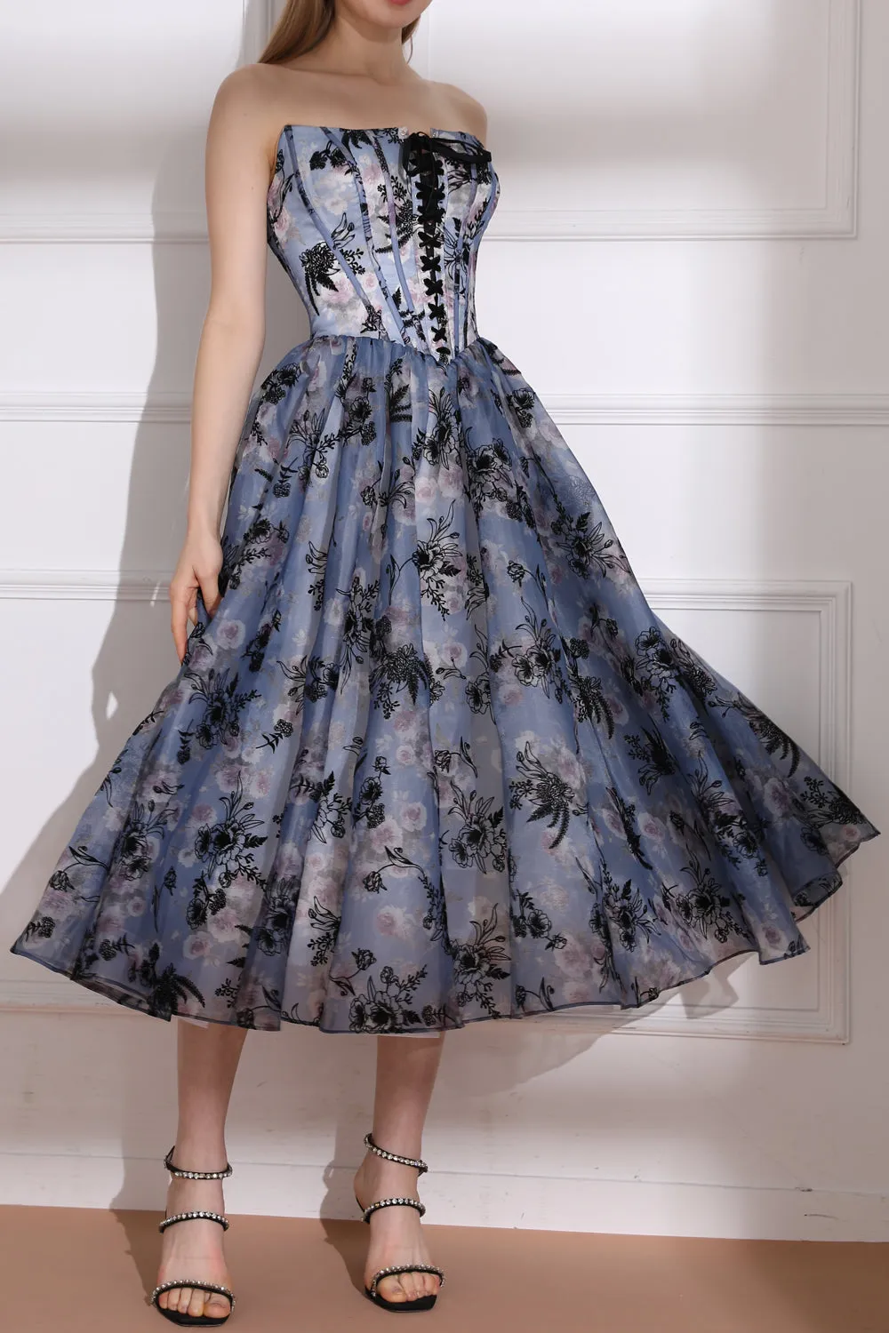 Floral Print Strapless Lace-Up Midi Dress with Corset Detail