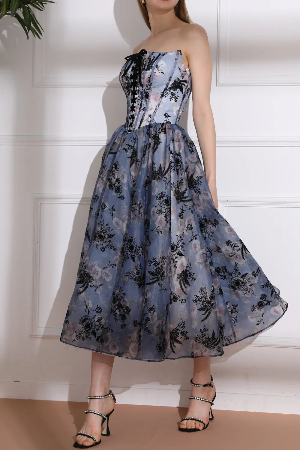 Floral Print Strapless Lace-Up Midi Dress with Corset Detail